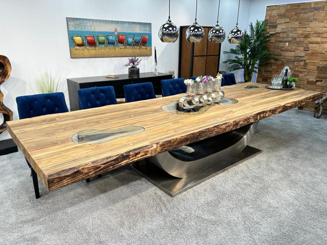 Designtisch / Konferenztisch / Esstisch "Deep Island XXL" ca. 400 x 123-125 x 77,5 cm aus recyceltem Altholz mit XXL-Edelstahlgestell und Glaseinlagen