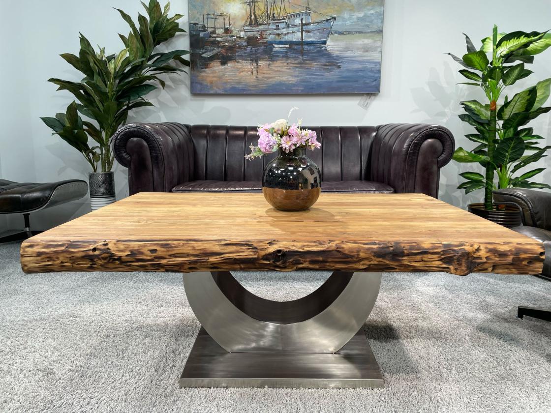 Massiver Couchtisch Holz mit Edelstahl modern rustikal Massivholz