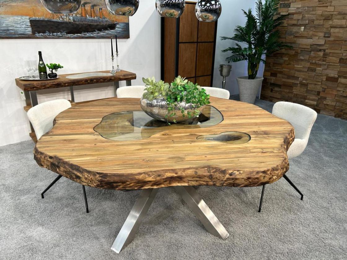 Runder Esstisch Eternia aus recyceltem Holz mit Glaseinlage