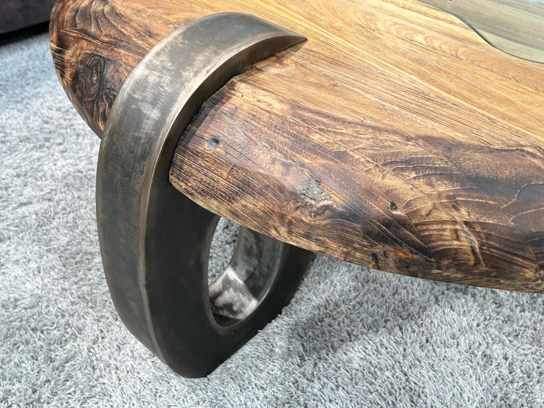 Couchtisch Coin mit Glaseinlage aus recyceltem Teakholz