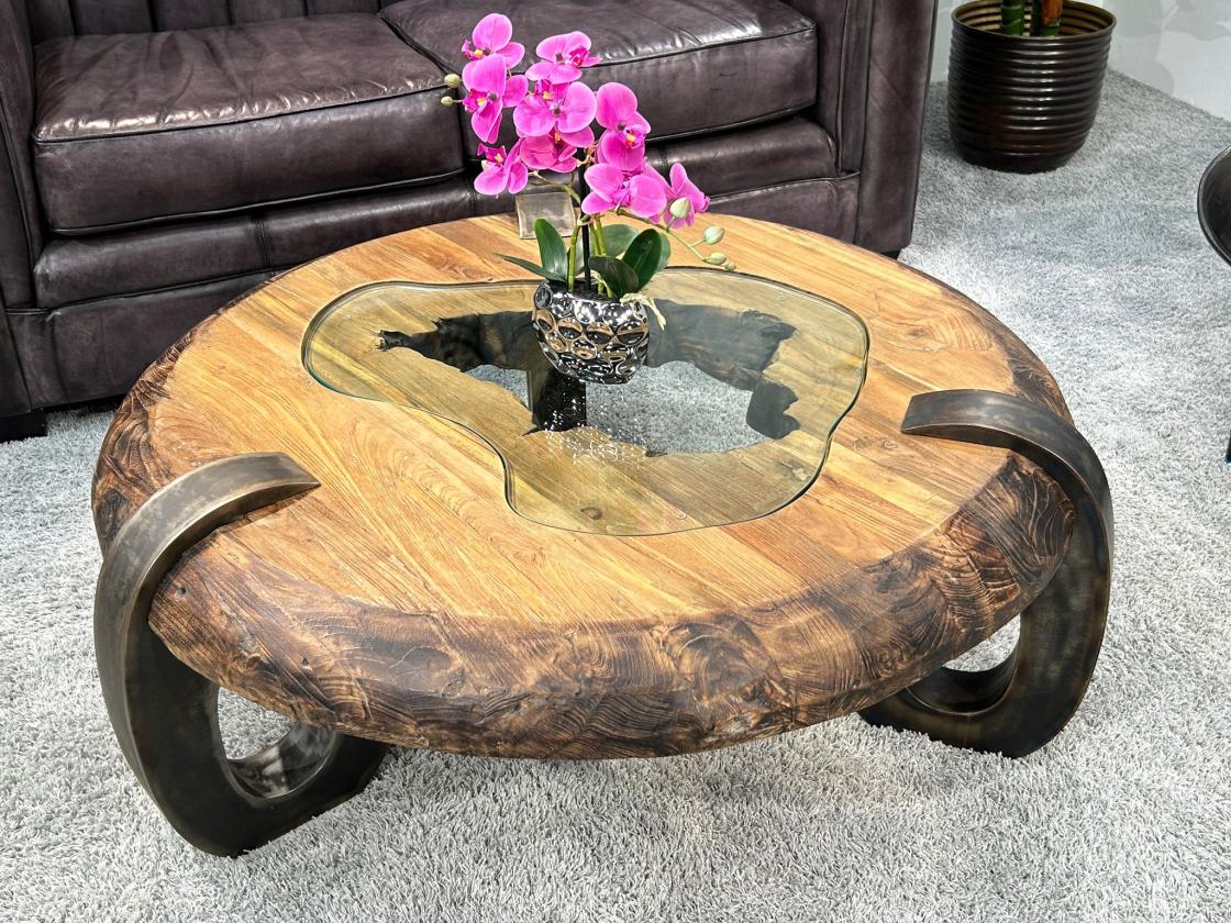 Couchtisch "Coin" mit Glaseinlage aus recyceltem Teakholz