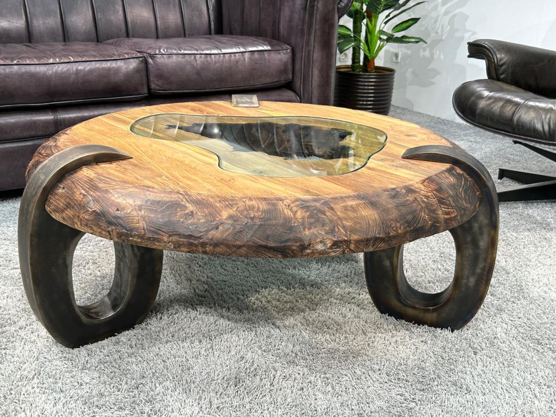 Couchtisch Coin mit Glaseinlage aus recyceltem Teakholz