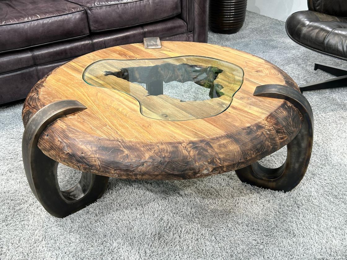 Runder Couchtisch "Clash"  aus recyceltem Teakholz, ca. Ø 100 (90) x 40 cm, mit Glaseinlage und Rohstahlgestell