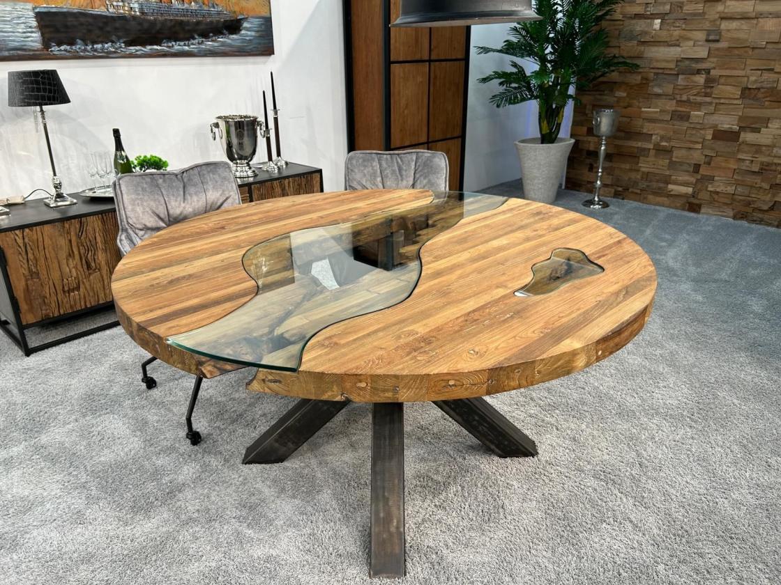 Designtisch aus recycelten Teakholz ca. 150 x 78 cm "Eternia" mit Rohstahlgestell und eingefrästem Glas