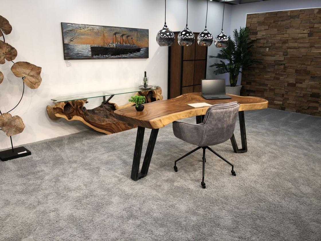 Schreibtisch / Tisch ca. 200 x 62-120 x 80 cm aus einer massivem Baumscheibe Suar inkl. Rohstahlgestell
