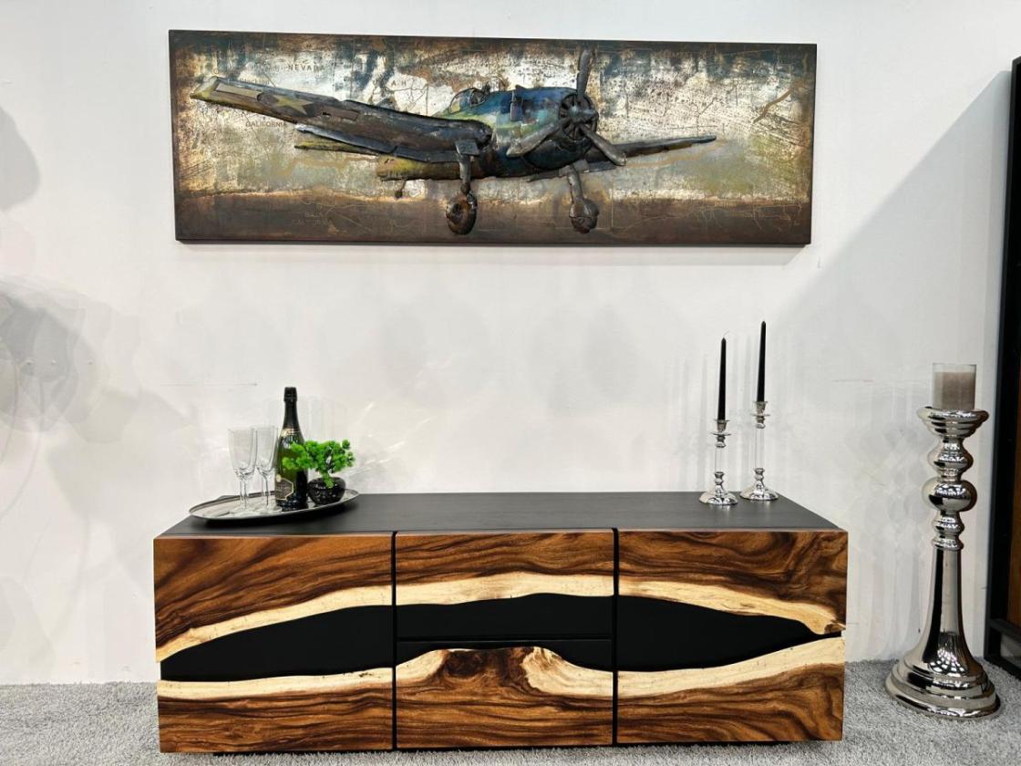 Sideboard Anrichte "Black Forest" aus recyceltem Holz mit Suar Baumscheiben 160 cm