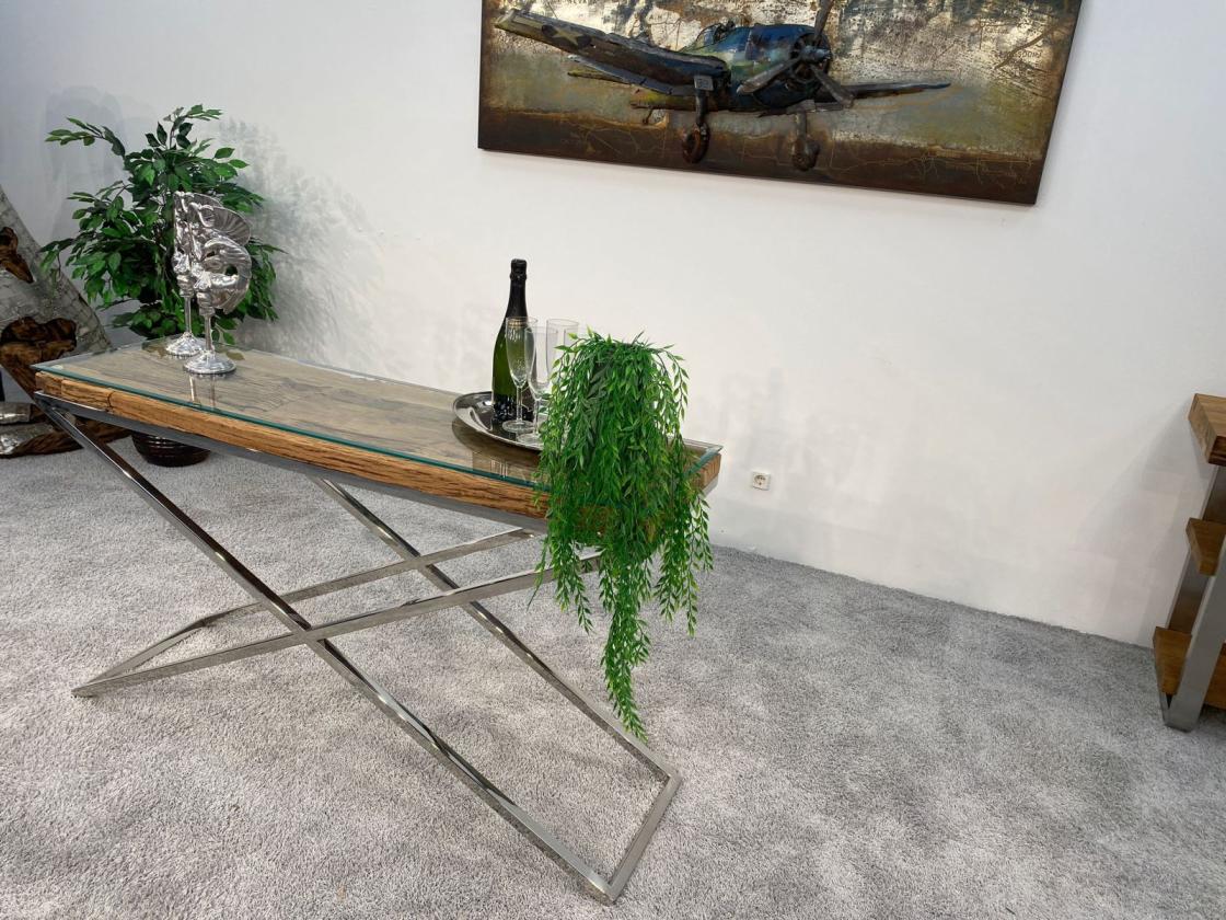 Konsole "Essence" 140 x 40 x 80 cm aus recyceltem Altholz mit Chromgestell und Glasplatte