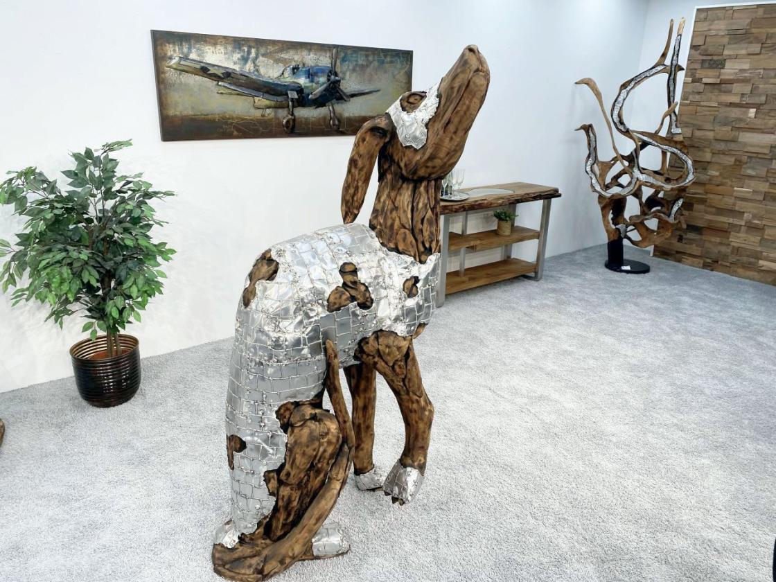 Deko Sitzender Hund 100 cm aus Holz und Aluminium