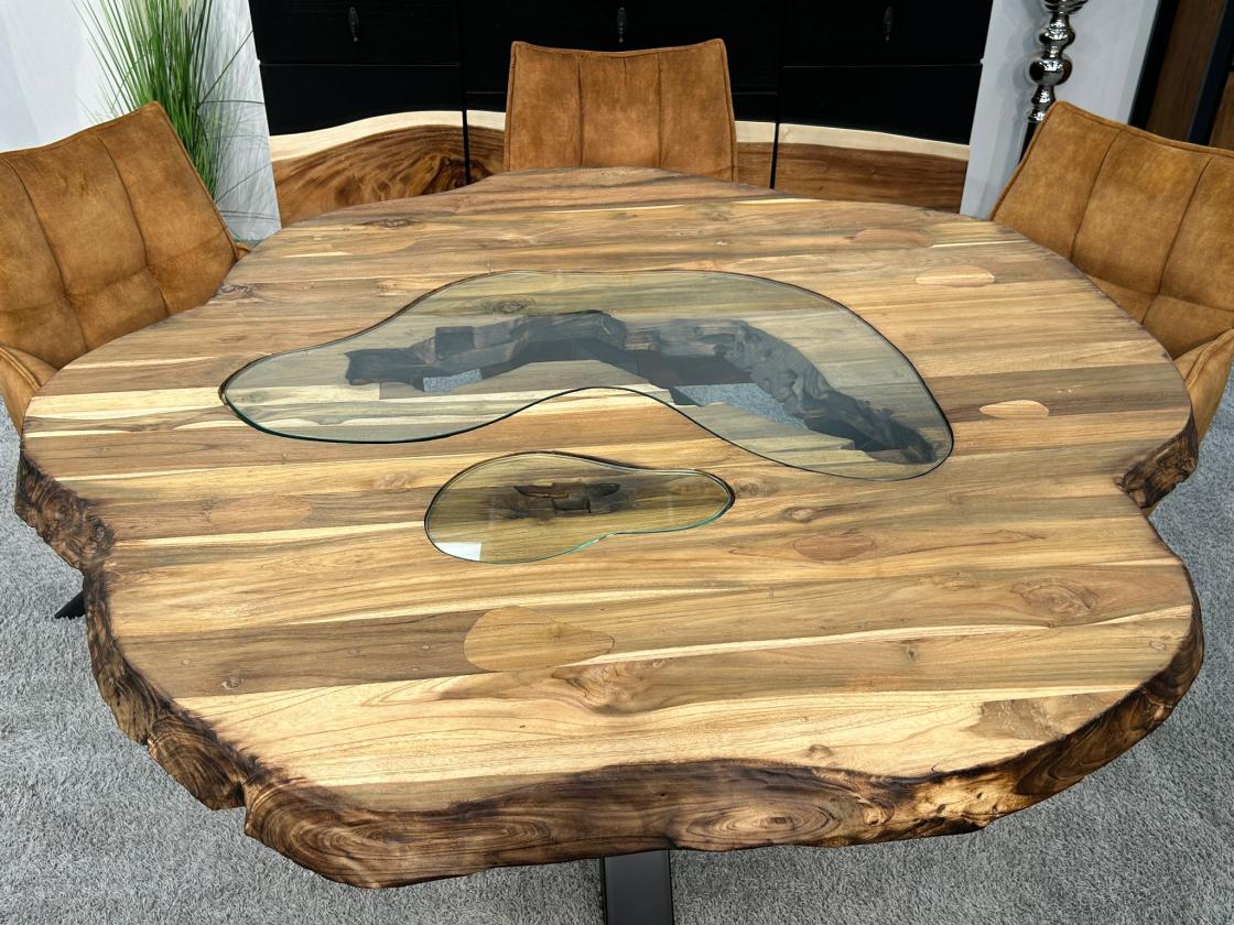 Runder Esstisch "Natural Eternia" (ca. 153 x 153 x 79 cm) aus recyceltem Holz mit Glaseinlagen und Rohstahlgestell