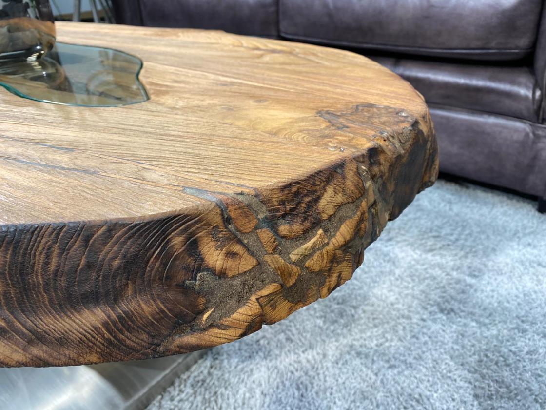 Couchtisch "Fjord" 114 x 58 x 42,5 cm aus Holz (Altholz Teak) mit Edelstahlgestell und Glaseinlagen