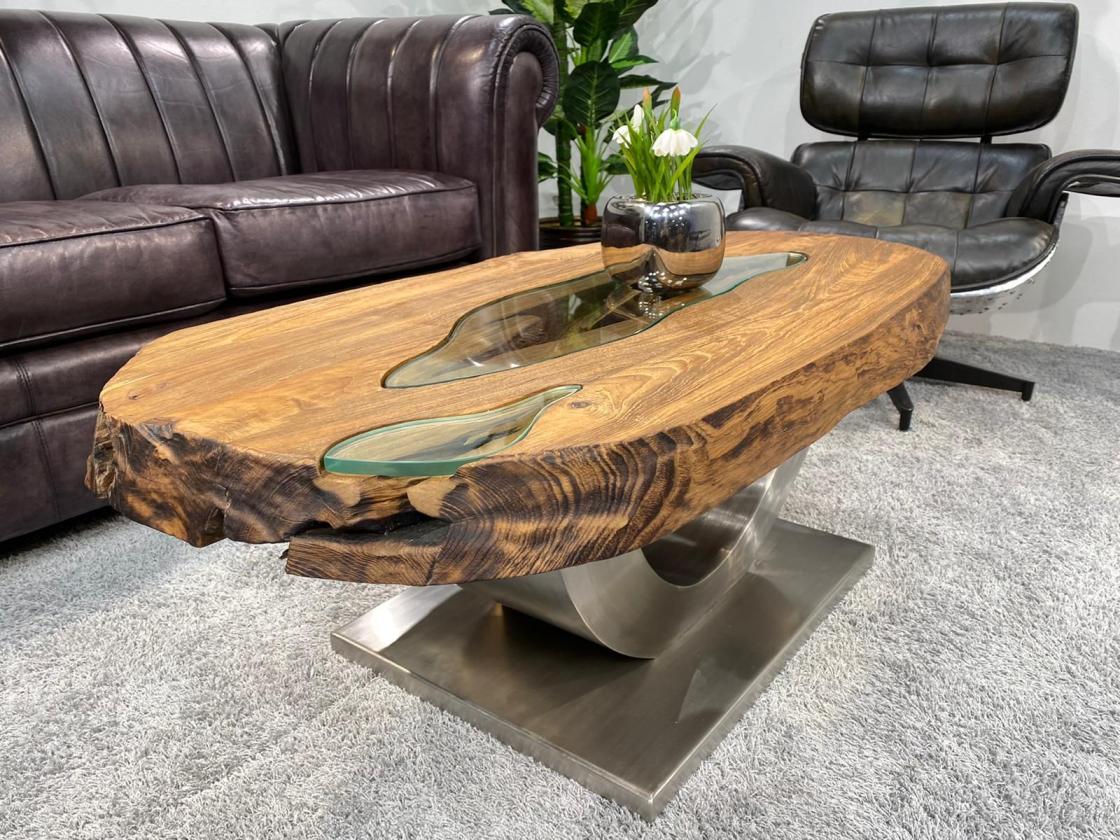 Couchtisch "Fjord" 114 x 58 x 42,5 cm aus Holz (Altholz Teak) mit Edelstahlgestell und Glaseinlagen