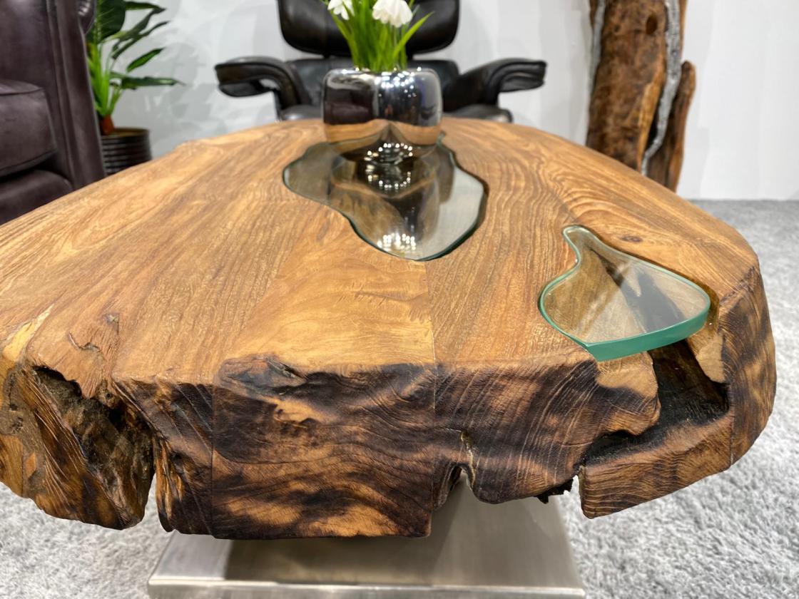 Couchtisch "Fjord" 114 x 58 x 42,5 cm aus Holz (Altholz Teak) mit Edelstahlgestell und Glaseinlagen