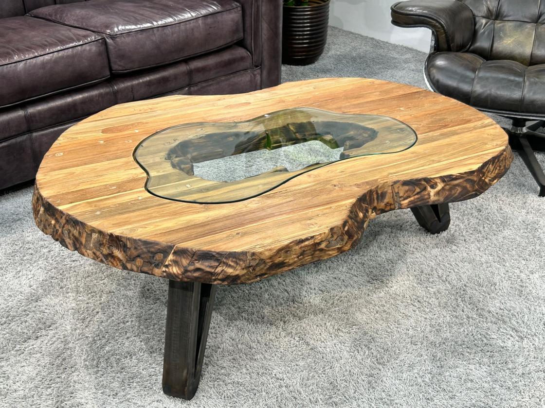 Wohnzimmertisch "Atoll" ca. 121 x 72-90 x 41 cm aus recyceltem Teakholz mit Glaseinleger