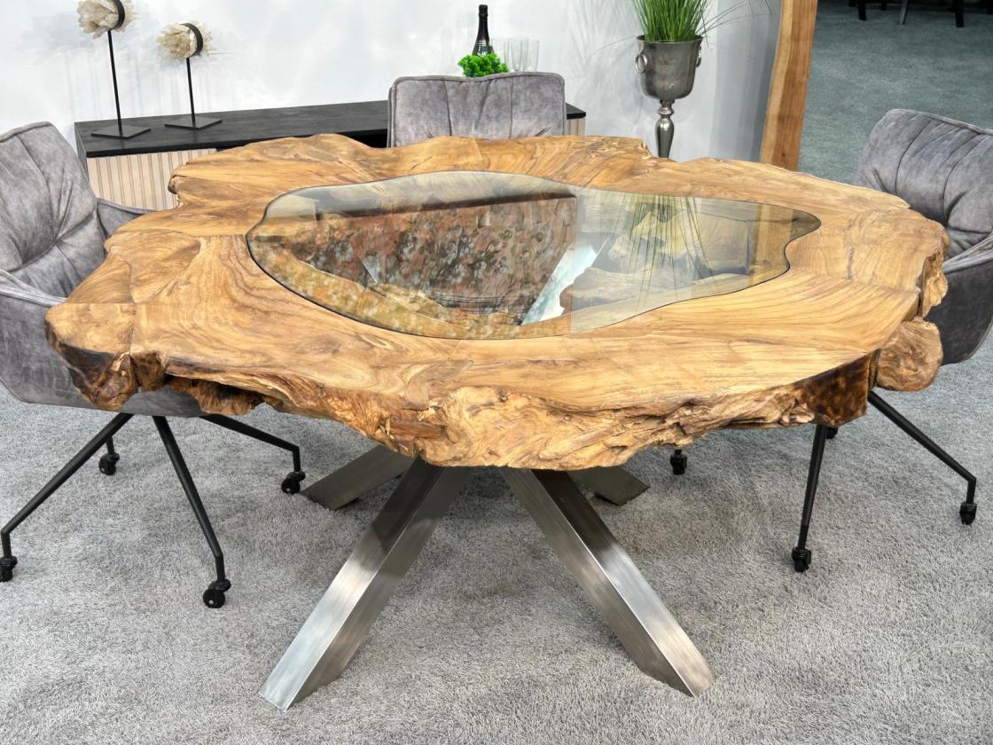 Extravaganter runder Esstisch aus Holz mit Edelstahl und Glas