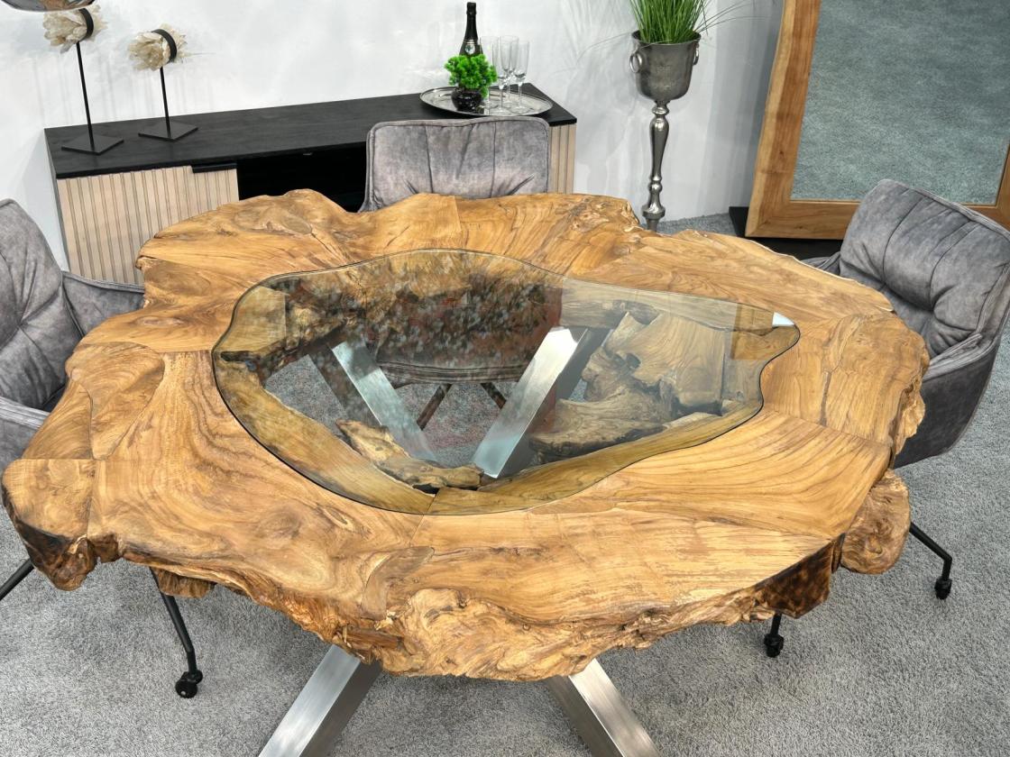 Extravaganter runder Esstisch aus Holz mit Edelstahl und Glas