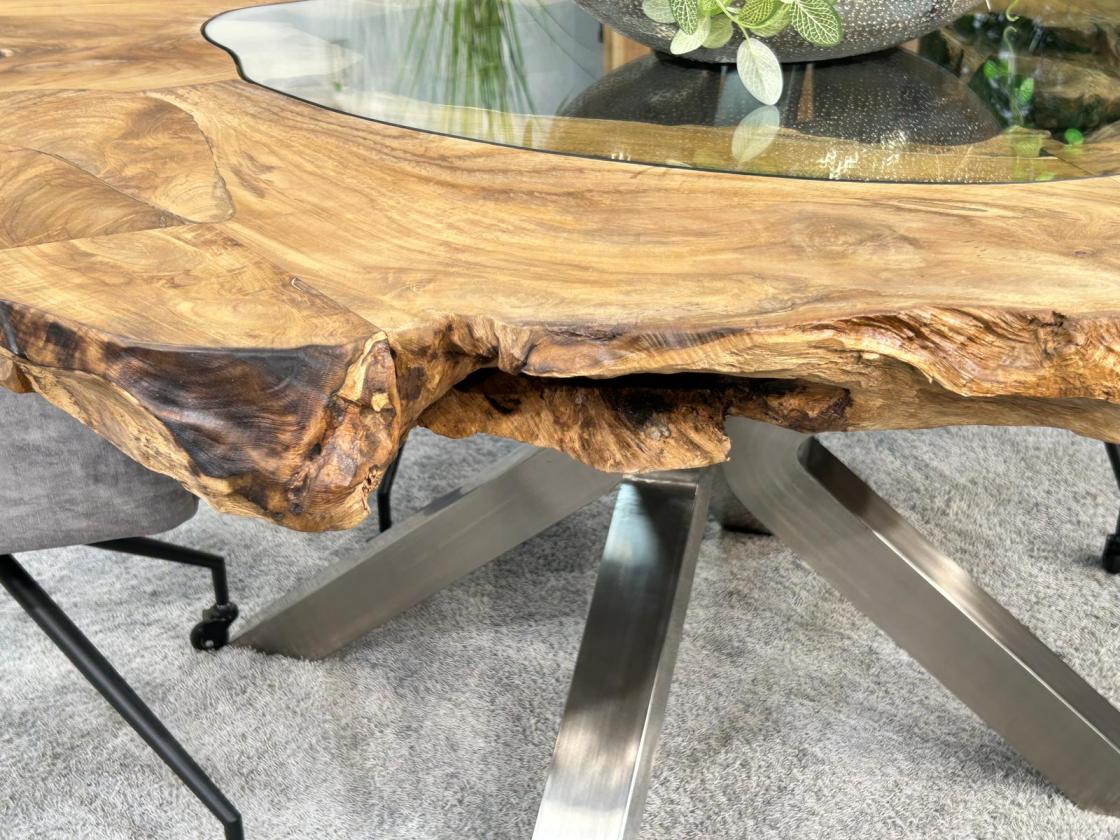 Extravaganter runder Esstisch aus Holz mit Edelstahl und Glas