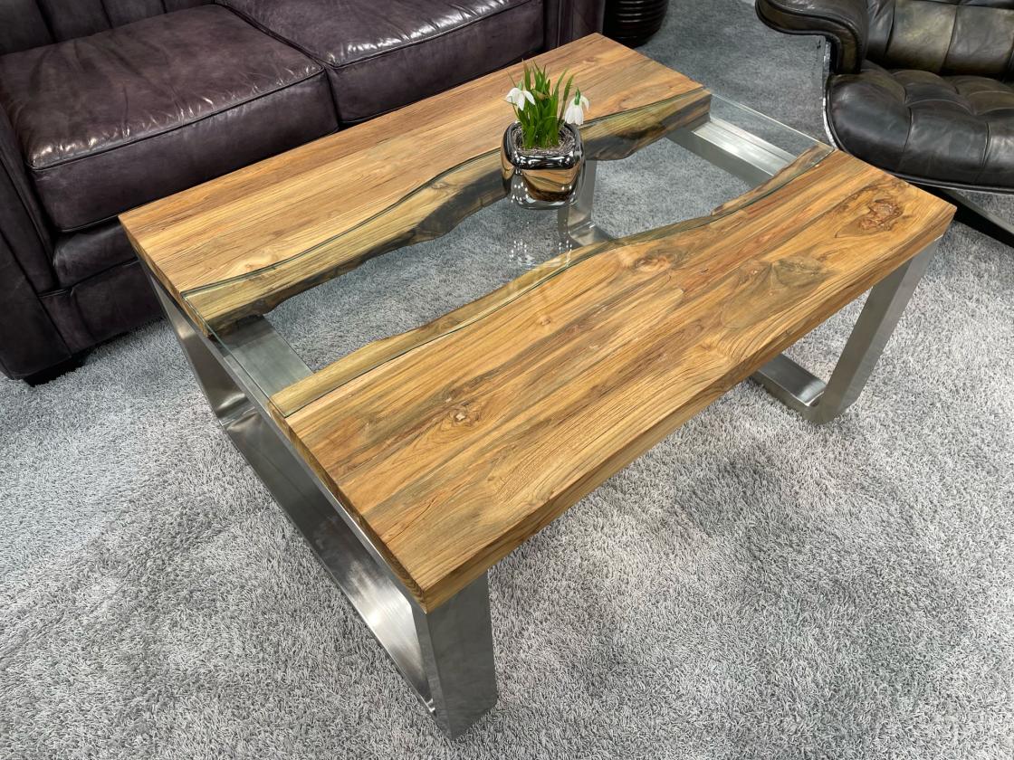 Rustikaler Couchtisch Holz Stahl Glas modern 100cm