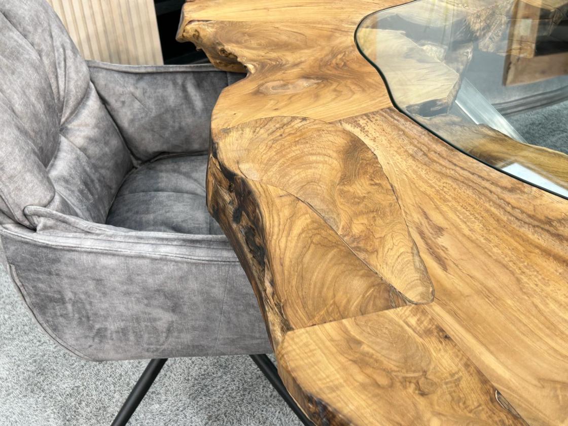 Extravaganter runder Esstisch aus Holz mit Edelstahl und Glas