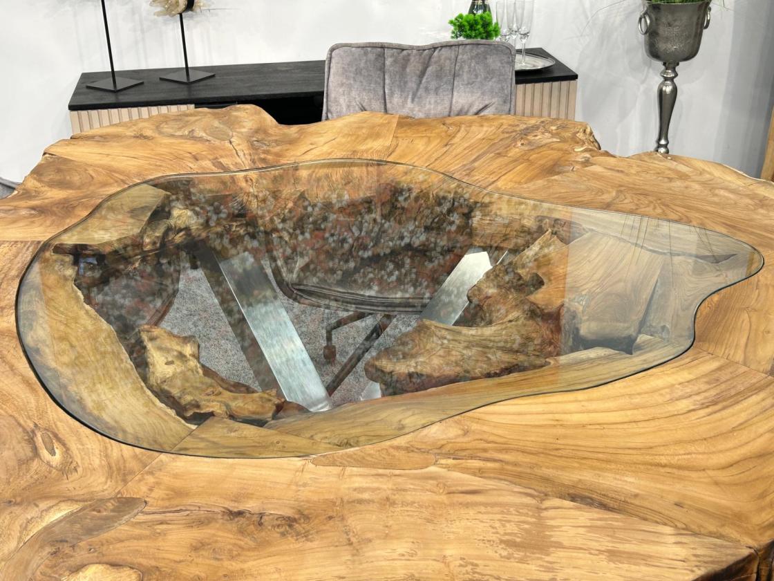 Extravaganter runder Esstisch aus Holz mit Edelstahl und Glas