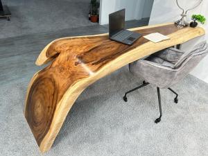 Sonderangebot Außergewöhnlicher Schreibtisch / Tisch aus Suar Baumscheibe ca. 245 x 50-75 x 76 cm inkl. Edelstahlgestell