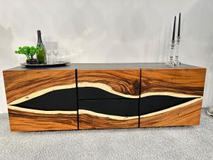 Baumscheiben TV Schrank/ Sideboard Anrichte "Black Forest" aus recyceltem Holz mit Suar ca. 160 x 46,5 x 56 cm schwarz lackiert