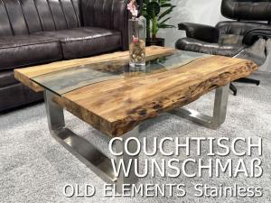 Couchtisch auf Maß "Old Elements" aus recyceltem Teakholz mit Glas und Edelstahl