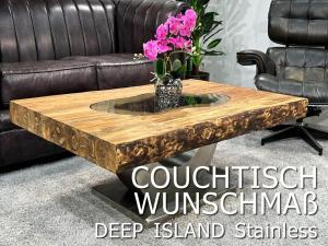 Couchtisch auf Wunschmaß "Deep Island Stainless" aus recyceltem Altholz