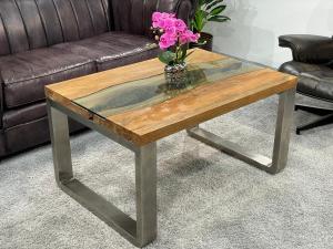 Designer Couchtisch "Elements Teak" (ca. 100 x 70 x 55 cm) aus recyceltem Teakholz mit Glas