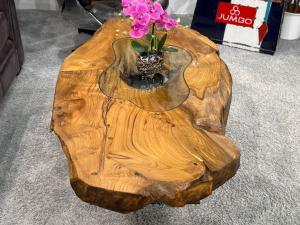 Unikat Couchtisch "Expression", ca. 128 x 75 x 47 cm (8 cm massives Holz) Einmaliger Couchtisch aus Teak Baumscheiben und Glas