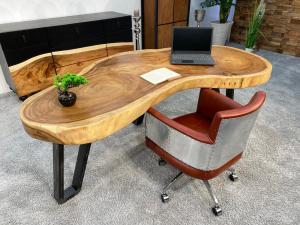 Design Schreibtisch / Tisch aus Suar Baumscheibe ca. 208 x 54 -88 x 80 cm inkl. Rohstahlgestell