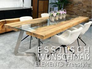 Maßtisch Esstisch "Elements Freestyle" aus Altholz mit Edelstahlkufen und mittiger Glaseinlage