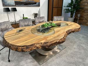 Massiver Holztisch "Fusion", Länge ca. 220 cm, Breite ca. 98-107 cm aus recyceltem Holz