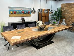 Edler Massivholztisch "Deep Island" aus recyceltem Holz ca. 350 x 121 x 77 cm mit Rohstahlgestell