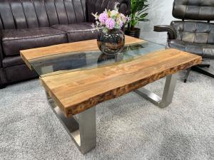 Eckiger Couchtisch "Old Elements" ca. 100 x 80 x 45 cm aus Holz, Edelstahl und Glas