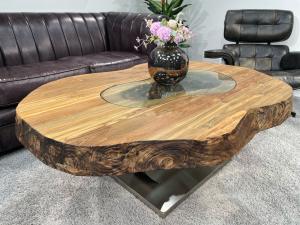 Exklusiver Couchtisch "Fusion", ca. 132 x 89-95 x 50 cm aus Teakholz mit Glaseinlage