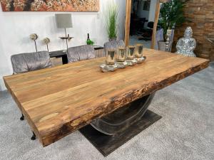 Massiver Holztisch "Deep Island" ca. 220 x 104-107 x 78 cm mit Tischgestell im Industriedesign