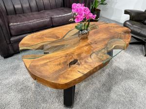 Massiver Sofatisch "Lakeside" ca. 121 x 68-82 x 45 cm aus Teakholz mit Glaseinlage und Rohstahlgestell