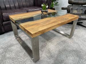 Eckiger Couchtisch "Elements Teak" (ca. 100 x 80 x 50 cm) aus recyceltem Teakholz mit Glas