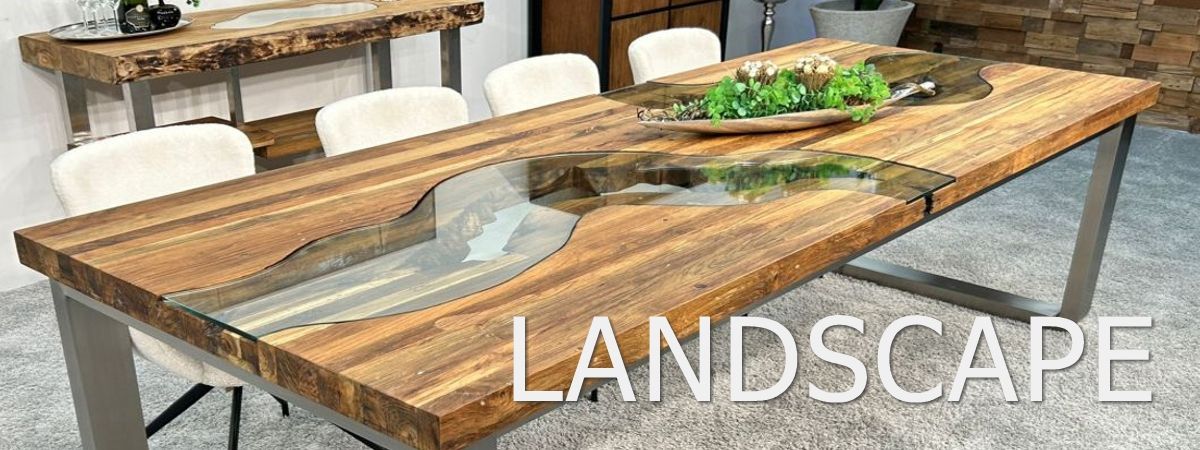 Esszimmertisch LANDSCAPE – Massives Teakholz mit Glas-Flussdesign